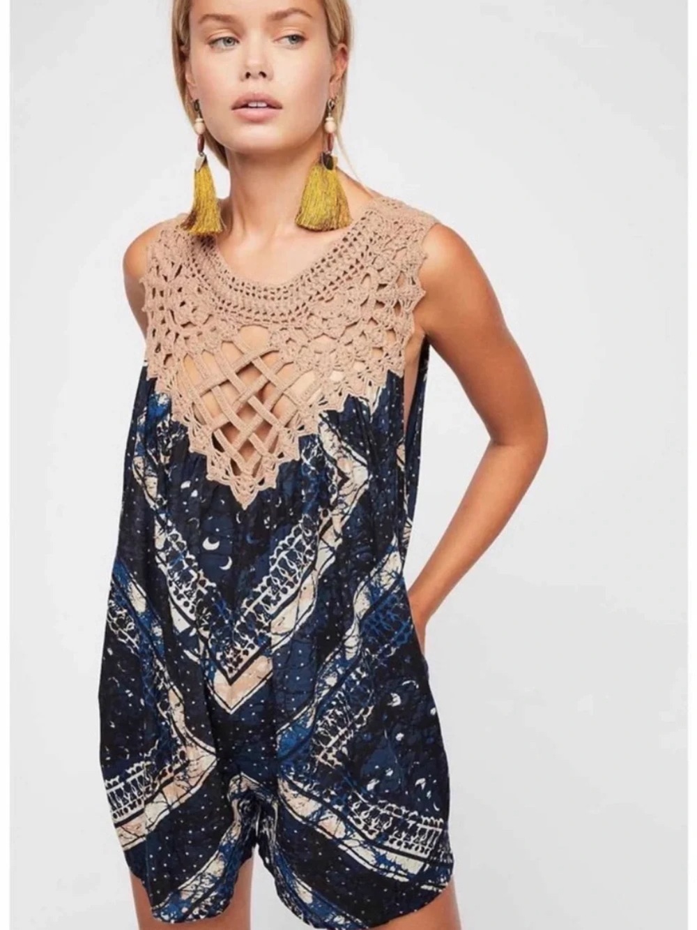 Free People Celeste Macrame Romper / Coverup - Navy & Beige Boho Style